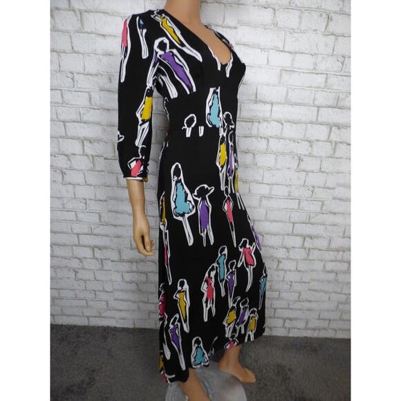 $725 Boutique Moschino Black Multi Print Crepe Midi Vneck Dress 38 US 4 NWT - Picture 5 of 16